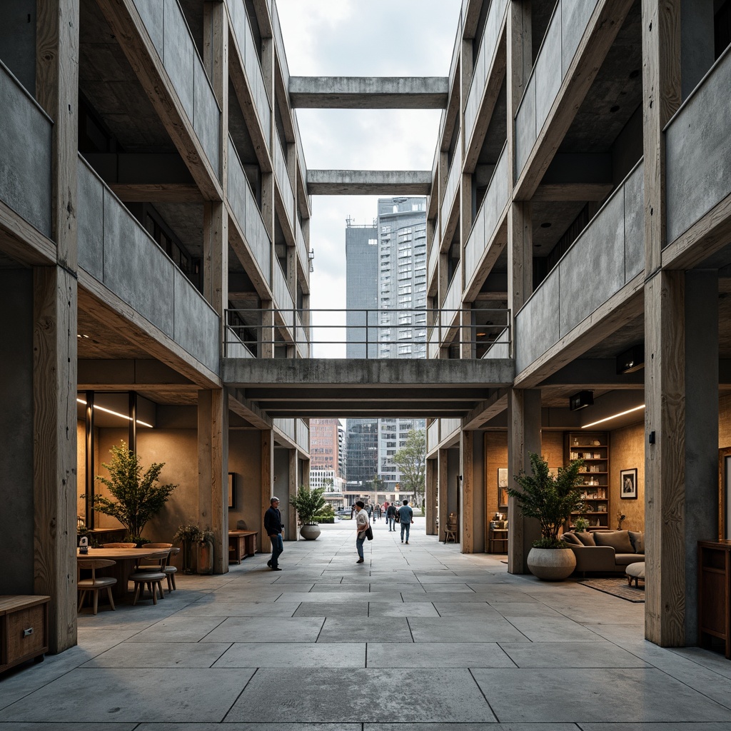 Prompt: Industrial building facade, exposed concrete walls, steel beams, wooden accents, minimalist decor, functional simplicity, primary color scheme, rectangular forms, clean lines, open floor plans, natural light pouring in, functional storage systems, industrial lighting fixtures, metallic tones, raw textures, brutalist aesthetic, urban cityscape, cloudy day, high contrast lighting, deep depth of field, 1/1 composition, symmetrical framing.