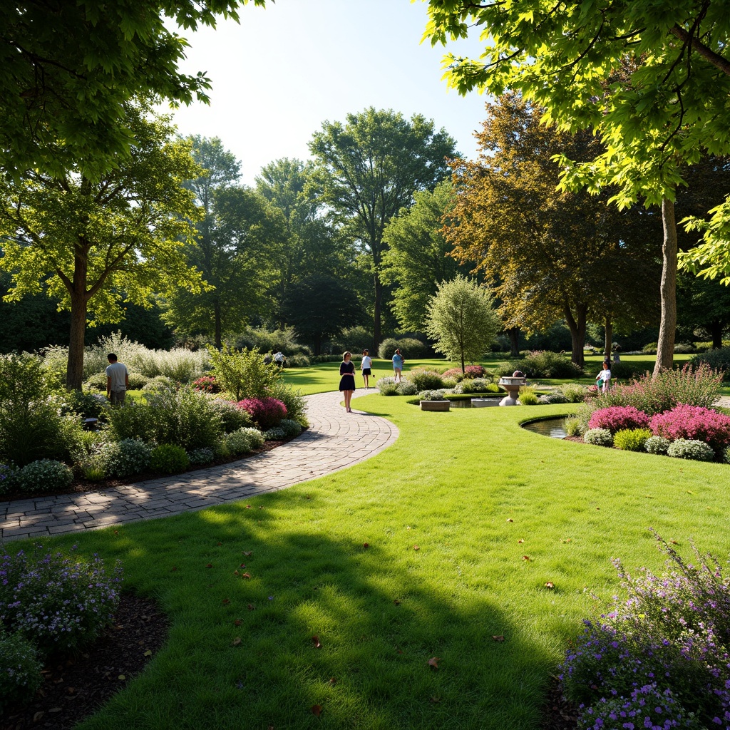 Prompt: Lush green lawn, colorful blooming flowers, manicured hedges, ornate garden benches, meandering pathways, natural stone pavers, tranquil water features, bird baths, sunny afternoon, warm soft lighting, shallow depth of field, 3/4 composition, panoramic view, realistic textures, ambient occlusion.