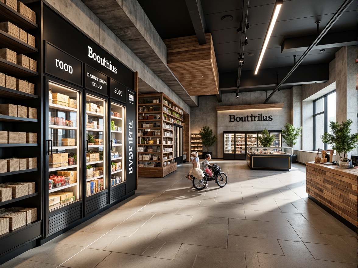 Prompt: Bauhaus-inspired grocery store interior, industrial-chic aesthetic, exposed concrete walls, polished metal shelves, reclaimed wood accents, minimalist product displays, sleek glass refrigerators, matte black steel beams, functional lighting fixtures, neutral color palette, textured stone floors, modernist typography, urban loft atmosphere, natural light pouring in, shallow depth of field, 1/1 composition, realistic textures, ambient occlusion.