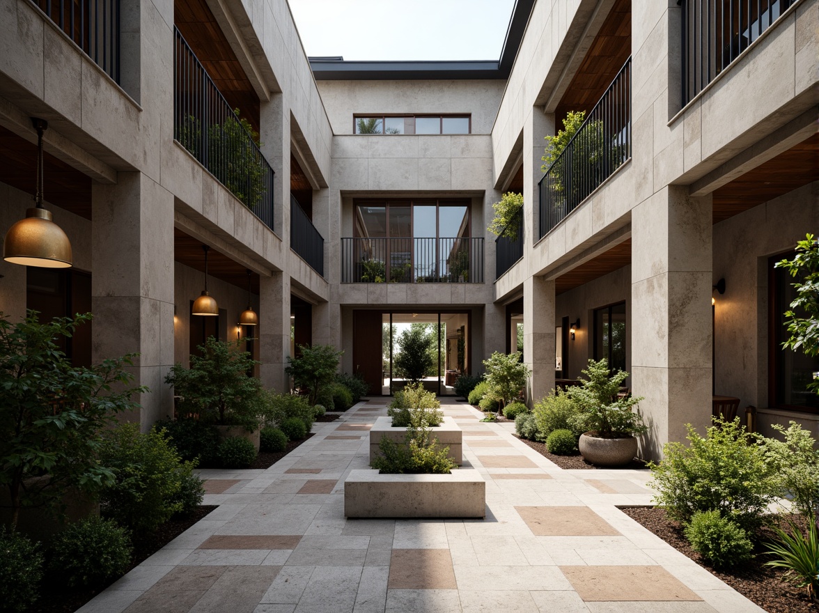 Prompt: Industrial-style courtyard, brutalist architecture, exposed concrete walls, steel beams, minimalist decor, functional lighting, pendant lamps, industrial-chic metal shades, warm-toned wooden accents, geometric patterned flooring, abundant natural light, soft diffused shadows, dramatic high-contrast lighting, 1/1 composition, symmetrical framing, realistic textures, ambient occlusion.