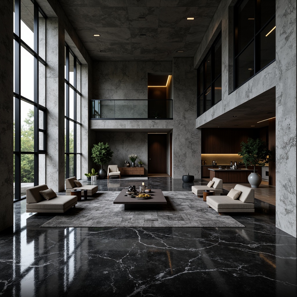 Prompt: Dramatic interior space, black marble floors, natural stone walls, contrasting textures, sleek metal accents, modern minimalist furniture, monochromatic color scheme, bold geometric patterns, floor-to-ceiling windows, abundant natural light, subtle shadows, cinematic atmosphere, 1/1 composition, high-contrast lighting, moody ambiance.