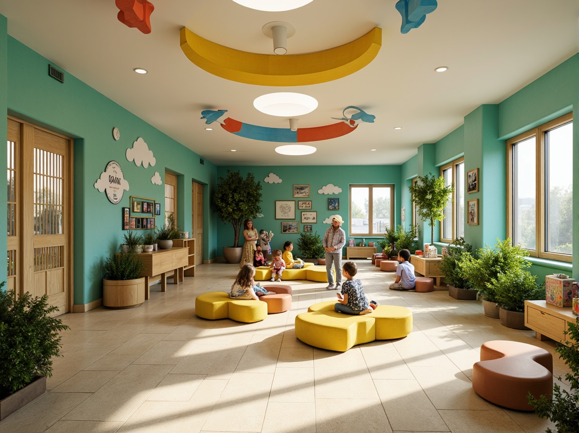 Prompt: Vibrant kindergarten, eco-friendly materials, natural wood accents, calming green walls, soothing blue tones, warm beige flooring, playful yellow furniture, recycled plastic decor, energy-efficient lighting, solar-powered systems, living green roofs, organic gardens, butterfly-shaped planters, whimsical cloud-inspired ceiling designs, circular windows, cozy reading nooks, collaborative learning spaces, minimal waste policy, sustainable art supplies, educational eco-signs, soft diffused daylight, shallow depth of field, 1/1 composition, panoramic view, realistic textures, ambient occlusion.