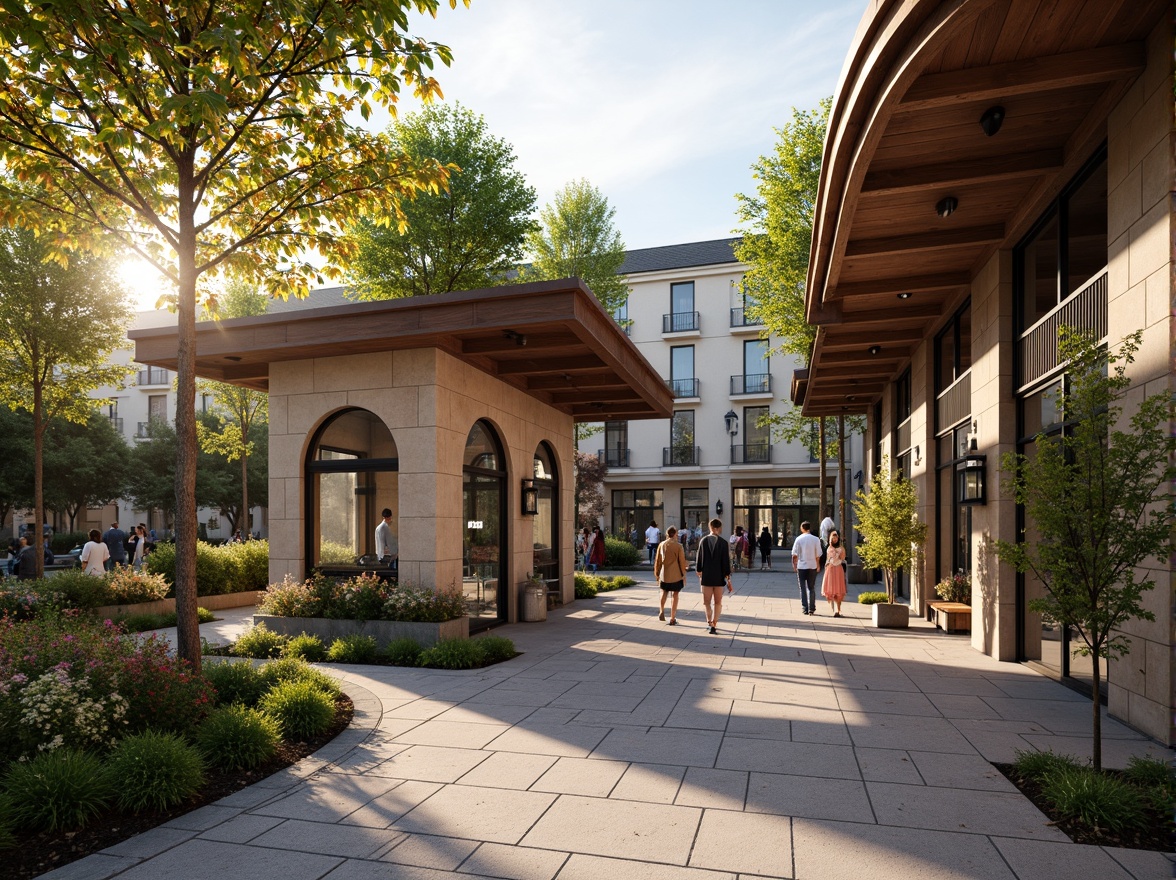 Prompt: Rustic bus station, regionalism style, earthy tones, natural stone walls, wooden accents, curved rooflines, large overhangs, cantilevered canopies, decorative metalwork, ornate lanterns, lush greenery, vibrant flowers, urban landscape, busy streetscape, morning sunlight, warm golden lighting, shallow depth of field, 2/3 composition, symmetrical framing, realistic textures, ambient occlusion.