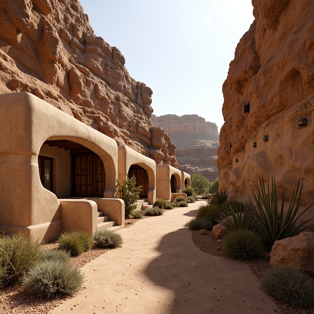 Prompt: Rustic canyon landscape, rugged rock formations, vast open spaces, natural erosion patterns, earthy tones, adobe-inspired buildings, curved lines, organic shapes, textured stone walls, wooden accents, rustic metal details, weathered wood, desert vegetation, cacti plants, sandy pathways, warm golden lighting, soft shadows, 1/1 composition, intimate framing, realistic textures, atmospheric perspective.