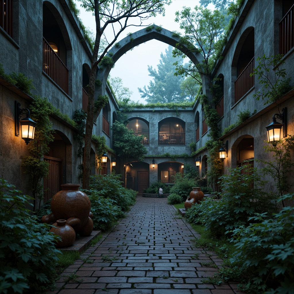 Prompt: Whimsical zoo enclosures, distressed stone walls, ornate metalwork, gothic arches, intricate carvings, mysterious misty atmosphere, dense foliage, ancient trees, vintage lanterns, rusty gates, worn brick pathways, moss-covered statues, eerie twilight lighting, shallow depth of field, 1/2 composition, cinematic angles, realistic textures, ambient occlusion.