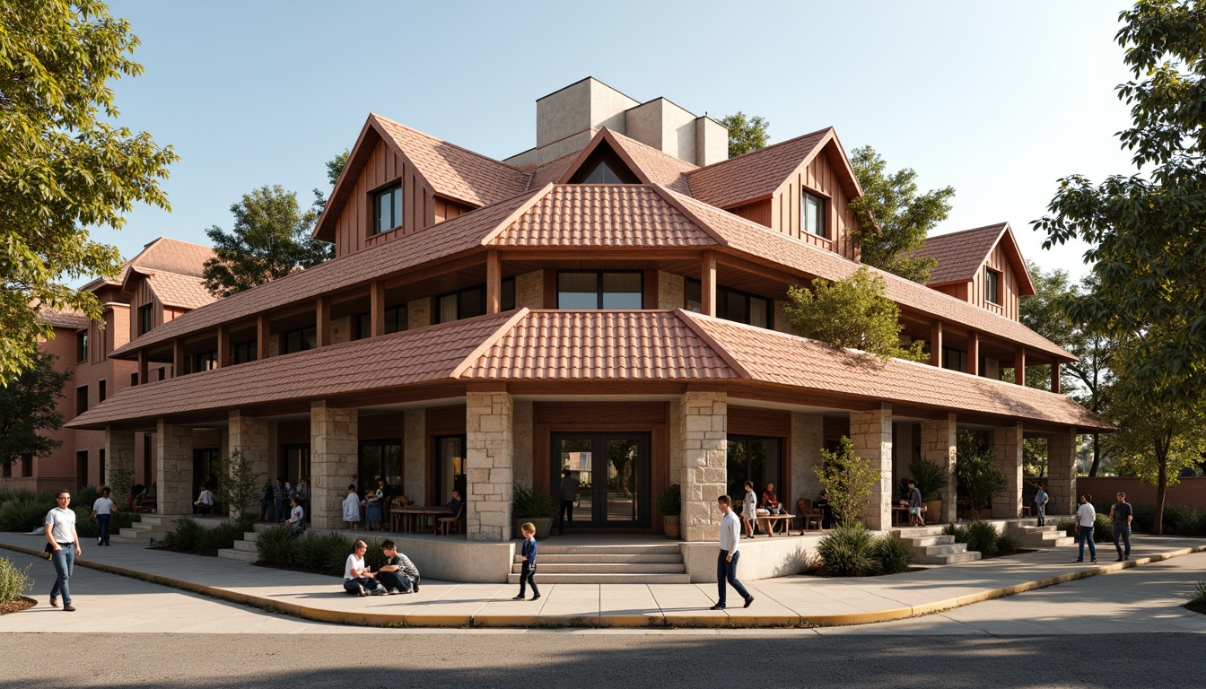 Prompt: Rustic high school building, asymmetrical rooflines, terra cotta tiles, earthy brown colors, industrial metal accents, exposed ductwork, natural stone walls, modern vernacular architecture, clerestory windows, soft warm lighting, shallow depth of field, 1/1 composition, realistic textures, ambient occlusion, casual strolling students, afternoon sunlight, subtle shadows, relaxed atmosphere.