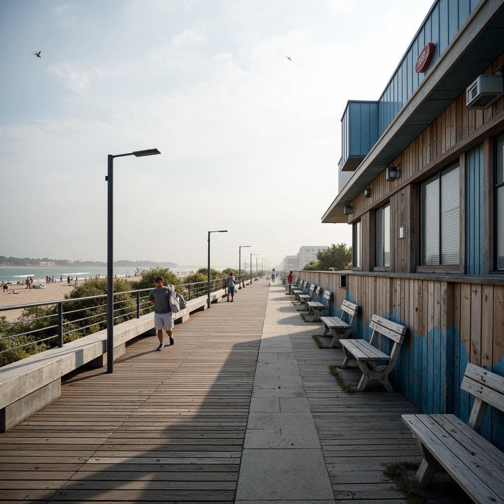 Prompt: Weathered wooden platforms, salt-worn metal railings, ocean-blue accents, wave-inspired architecture, seagull silhouettes, nautical-themed signage, driftwood benches, beachy landscaping, sandy dunes, seaside promenade, misty mornings, warm sunlight, shallow depth of field, 1/2 composition, symmetrical framing, realistic textures, ambient occlusion.