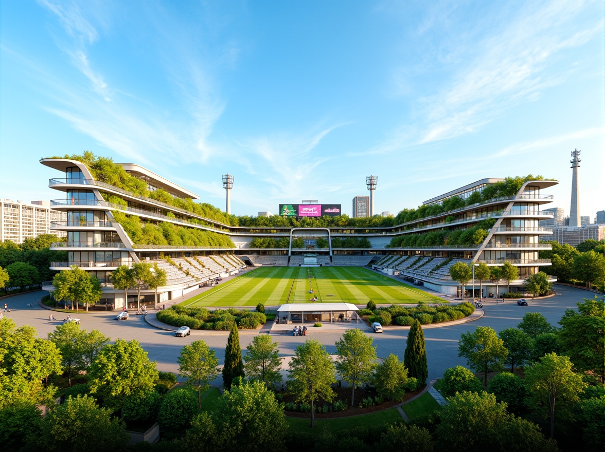 Prompt: Eco-friendly stadium, lush green roofs, solar panels, wind turbines, rainwater harvesting systems, recycled materials, minimalist design, angular lines, modern architecture, large windows, natural ventilation systems, energy-efficient lighting, LED scoreboard displays, eco-conscious seating, organic food vendors, composting toilets, shaded concourses, misting systems, urban landscape integration, vibrant greenery, clear blue sky, sunny day, soft warm lighting, shallow depth of field, 3/4 composition, panoramic view, realistic textures, ambient occlusion.