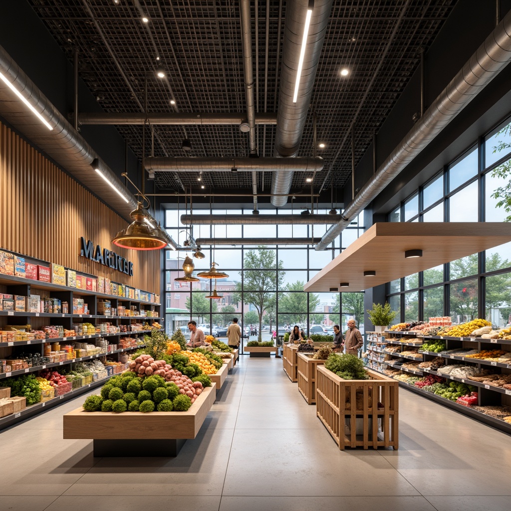 Prompt: Functional grocery store interior, industrial-chic aesthetic, exposed ductwork, polished concrete floors, minimalist shelving units, geometric-shaped display racks, primary-colored accents, metal grid ceilings, reclaimed wood wall panels, large industrial-style lighting fixtures, open-plan layout, efficient circulation paths, modernist typography, bold signage, stainless steel countertops, functional decor, natural materials, abundant natural light, 1/1 composition, softbox lighting, realistic textures, ambient occlusion.