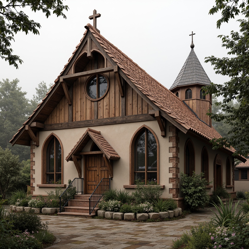 Prompt: Rustic church exterior, traditional vernacular style, steeply pitched roofs, terracotta tiles, wooden shingles, slate roofing, ornate stone carvings, stained glass windows, pointed arches, ribbed vaults, grand entrance doors, intricate woodwork details, natural stone walls, moss-covered surfaces, overcast stucco finishes, rustic metal accents, subtle earthy color palette, soft warm lighting, shallow depth of field, 1/2 composition, realistic textures, ambient occlusion.