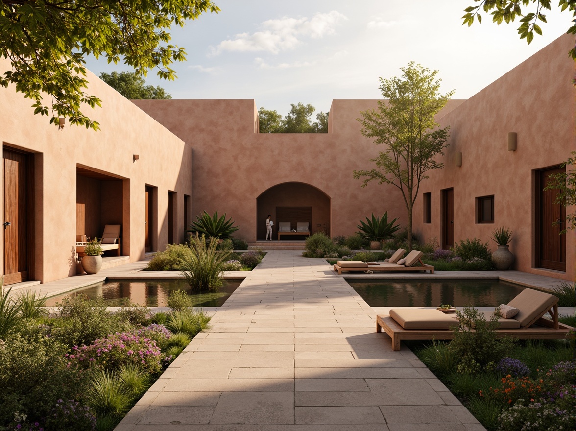 Prompt: Serene monastery courtyard, earthy terracotta walls, soft golden lighting, rustic wooden doors, tranquil water features, lush greenery, vibrant flowers, natural stone pathways, minimalist architecture, simple yet elegant design, calming color palette, muted shades of beige, soft grays, creamy whites, warm brown tones, subtle texture variations, gentle ambient occlusion, 1/1 composition, harmonious balance, peaceful atmosphere, subtle spiritual hints.