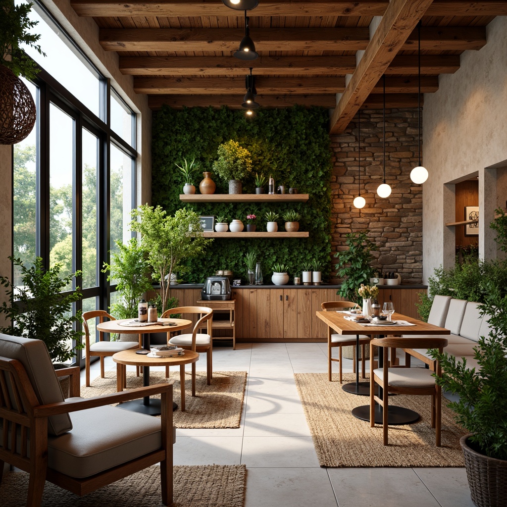 Prompt: Cozy coffee shop, reclaimed wood accents, natural stone walls, earthy tones, woven rattan furniture, jute rugs, living green walls, wooden beam ceilings, large windows, abundant natural light, warm ambient lighting, comfortable seating areas, rustic metal decor, potted plants, organic textures, nature-inspired patterns, calming atmosphere, soft background music, inviting aromas.