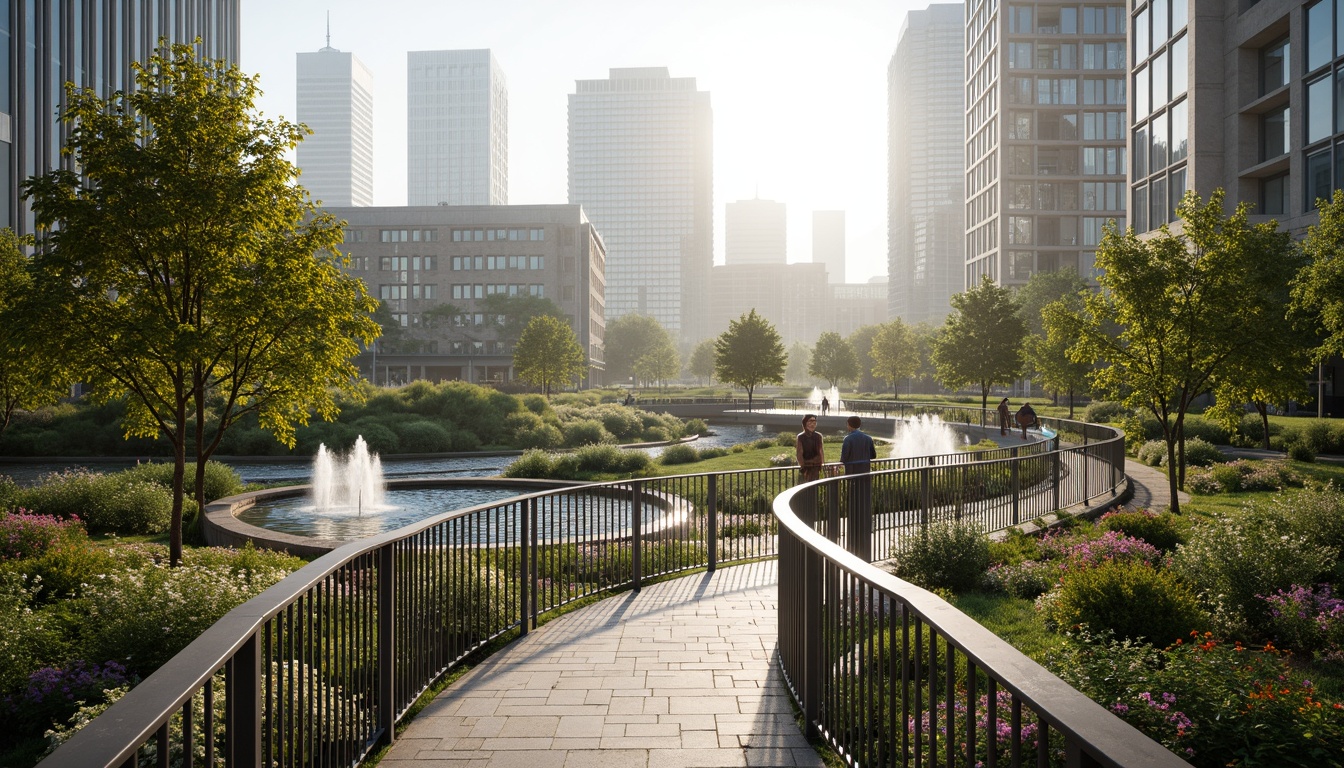 Prompt: Curved pedestrian bridge, sleek metal railings, modern urban landscape, vibrant greenery, blooming flowers, natural stone walkways, water features, fountains, shallow pools, urban skyscrapers, glass buildings, contemporary architecture, soft warm lighting, shallow depth of field, 3/4 composition, panoramic view, realistic textures, ambient occlusion, misty morning atmosphere, gentle breeze.