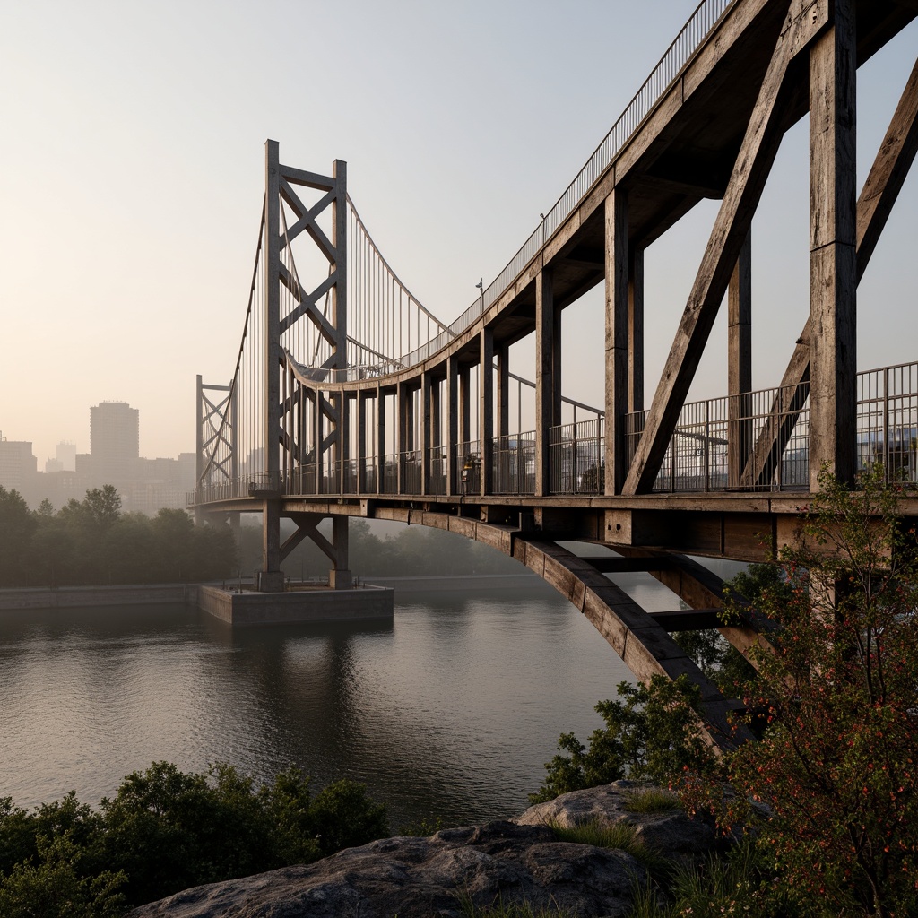 Prompt: Rustic steel bridges, weathered wood accents, industrial metal beams, reinforced concrete piers, sleek cable railings, modern suspension systems, durable stone foundations, intricate stonework patterns, serene river crossings, misty dawn lighting, soft warm color palette, 3/4 composition, panoramic view, realistic textures, ambient occlusion.