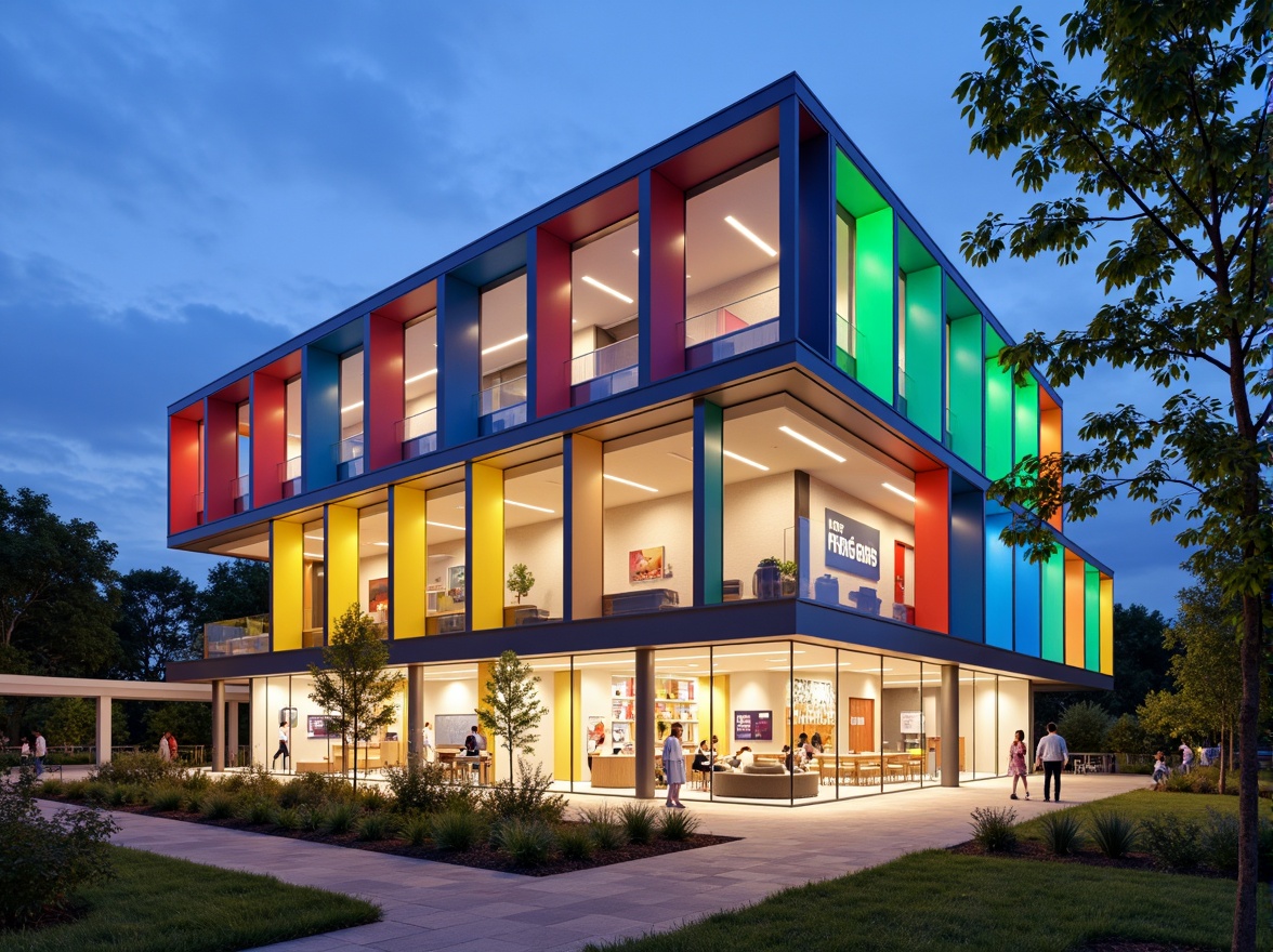 Prompt: Vibrant elementary school building, playful color scheme, geometric shapes, interactive LED lights, transparent glass walls, cantilevered rooflines, eco-friendly materials, vertical green walls, rainwater harvesting systems, solar panels, wind turbines, modern minimalist design, curved lines, bold typography, educational signage, collaborative learning spaces, flexible modular furniture, natural wood accents, abundant daylight, soft warm lighting, shallow depth of field, 3/4 composition, panoramic view, realistic textures, ambient occlusion.