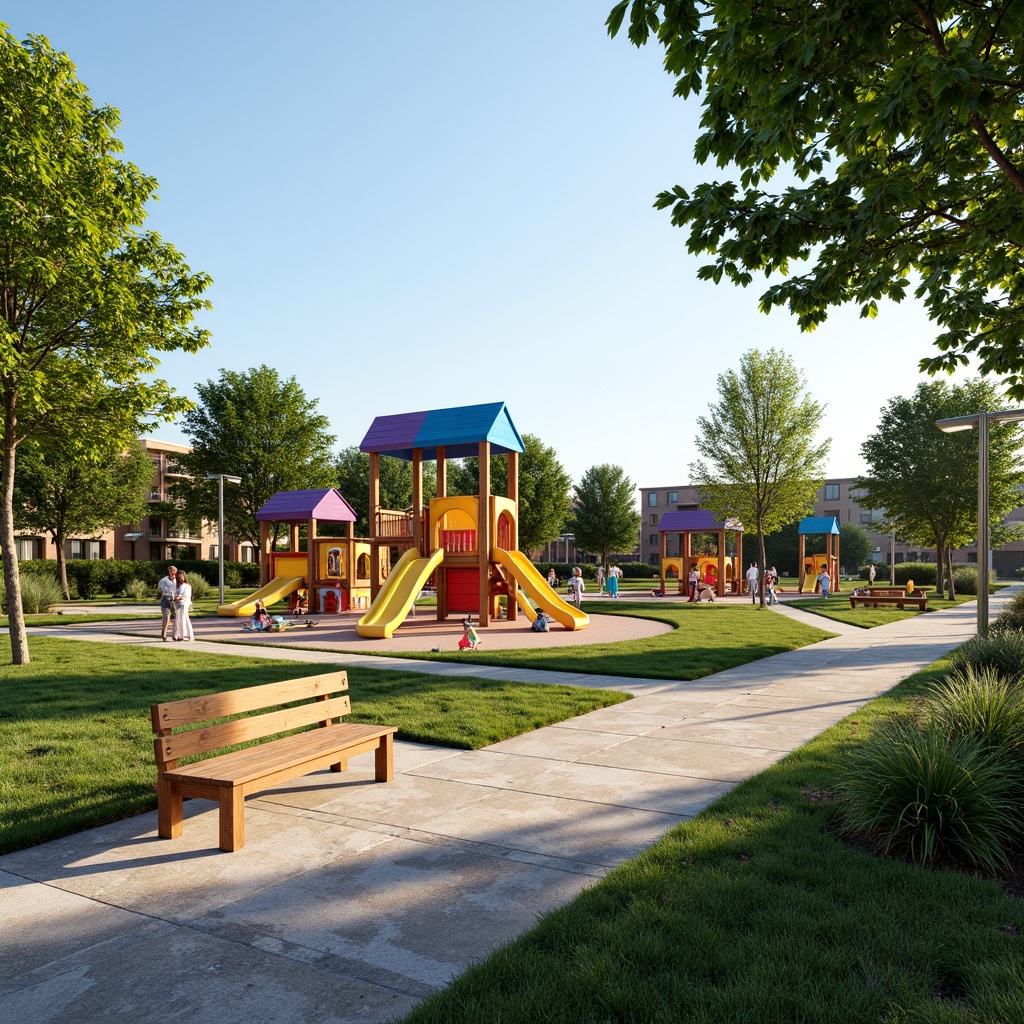 Prompt: Vibrant kindergarten playground, colorful slides, climbing frames, sandbox areas, outdoor musical instruments, educational signage, natural stone pathways, wooden benches, shade-providing canopies, flowering plants, green grassy lawns, sunny day, soft warm lighting, shallow depth of field, 3/4 composition, panoramic view, realistic textures, ambient occlusion.