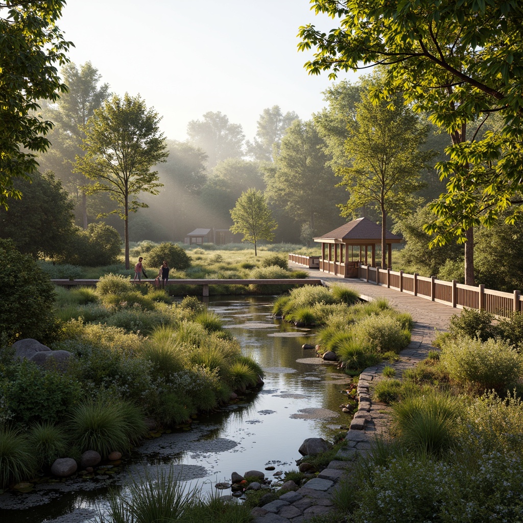 Prompt: Serene wetland landscape, lush vegetation, tranquil water bodies, winding streams, wooden boardwalks, observation decks, bird-watching stations, native aquatic plants, diverse wildlife habitats, natural stone pathways, rustic benches, weathered wood fences, soft misty atmosphere, warm golden lighting, shallow depth of field, 2/3 composition, panoramic view, realistic water reflections, ambient occlusion.