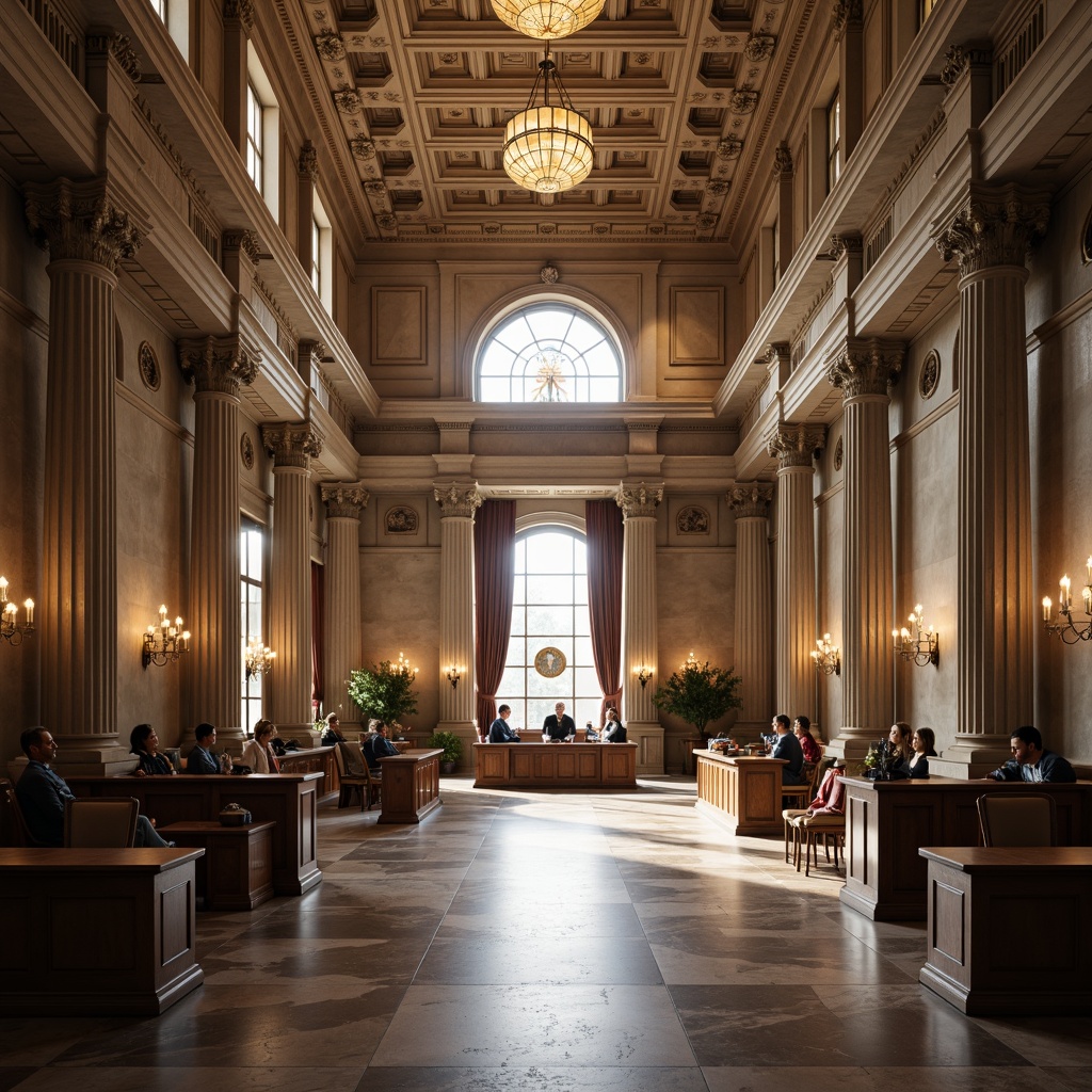 Prompt: Grand courthouse entrance, majestic stone columns, high ceilings, ornate chandeliers, polished marble floors, wooden benches, judges' chambers, courtrooms, witness stands, lawyers' desks, acoustic panels, natural light pouring in, soft warm lighting, shallow depth of field, 1/2 composition, symmetrical architecture, neoclassical style, intricate moldings, solemn atmosphere, quiet ambiance.