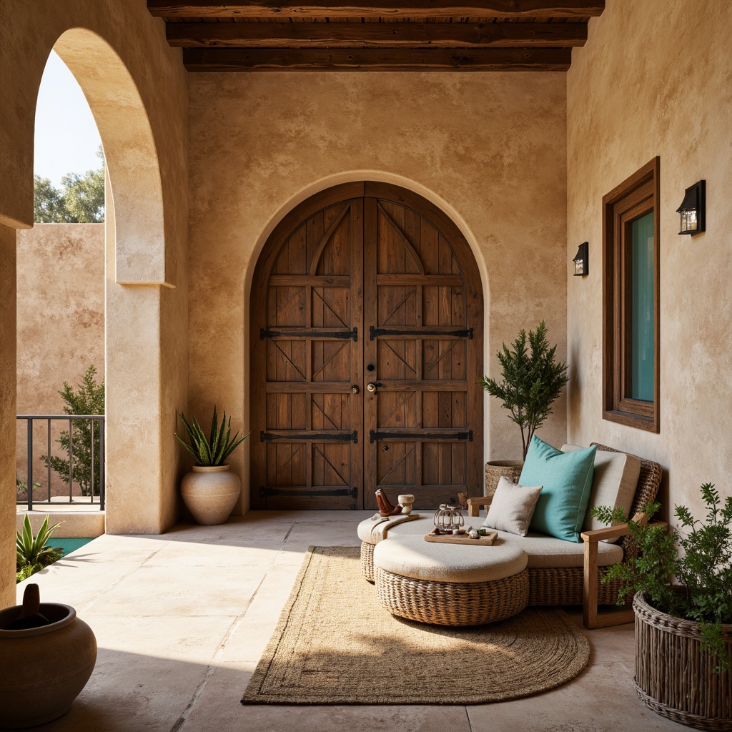 Prompt: Warm beige sandstone, earthy adobe walls, rustic metal accents, vibrant turquoise accents, soft sage greenery, weathered wooden doors, natural linen fabrics, woven baskets, intricate Moorish patterns, warm golden lighting, shallow depth of field, 3/4 composition, panoramic view, realistic textures, ambient occlusion.