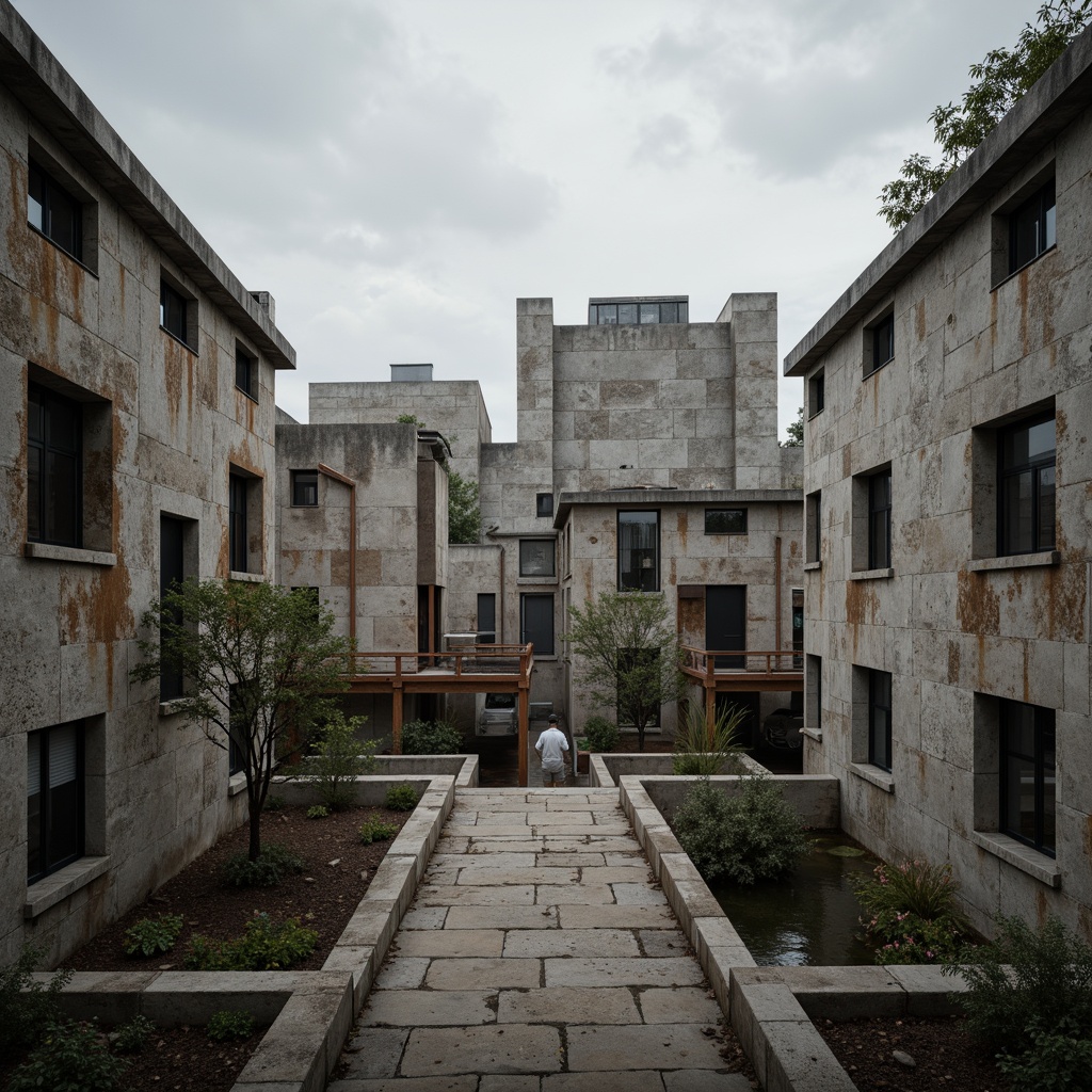 Prompt: Rough-hewn concrete walls, weathered stone facades, rusty metal accents, distressed wood textures, brutalist fortress-like structures, urban cityscape backgrounds, overcast skies, dramatic shadows, high-contrast lighting, 1-point perspective, symmetrical composition, realistic renderings, ambient occlusion, detailed bump maps.