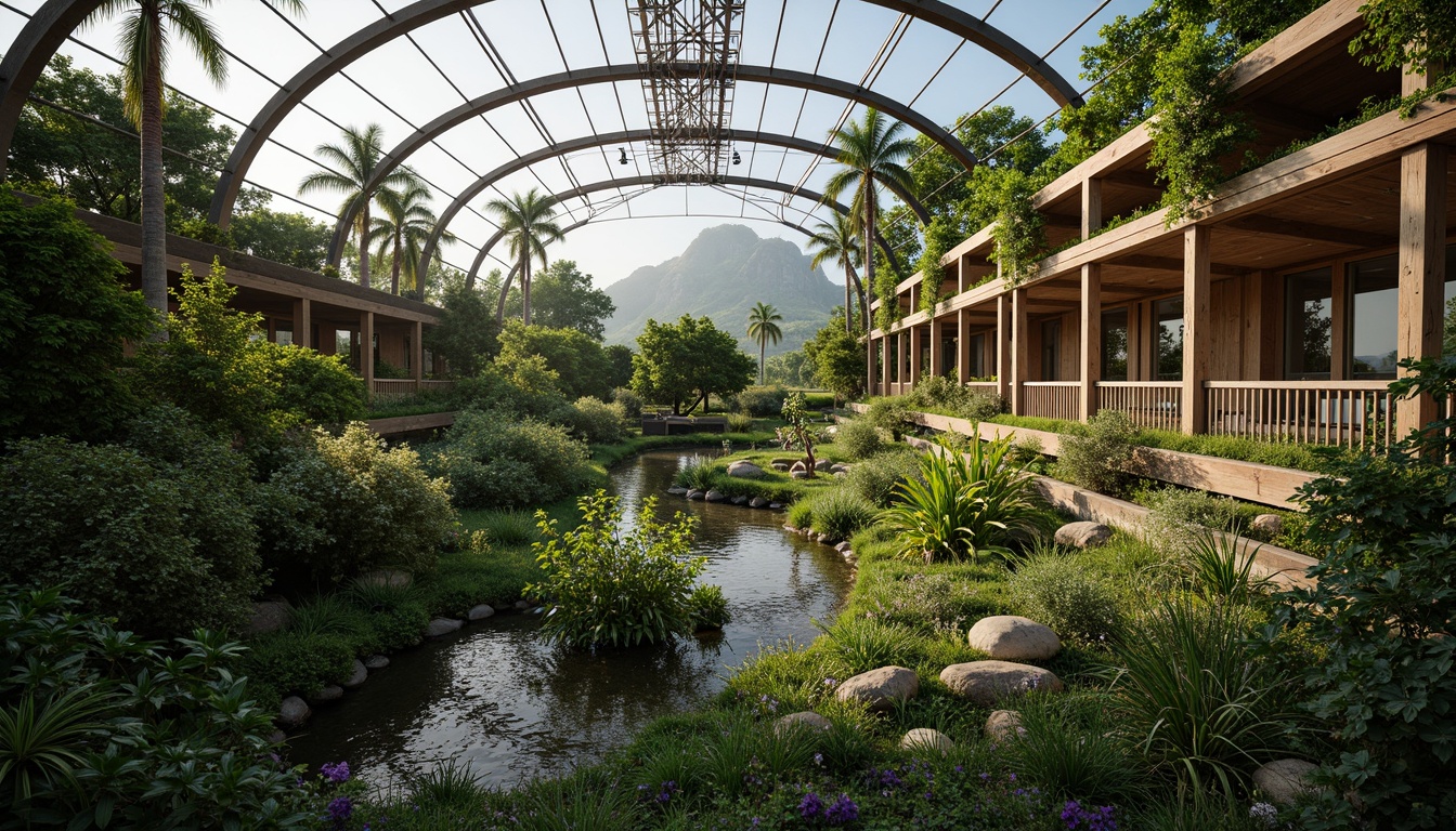 Prompt: Lush vegetation, natural light, curved glass roofs, steel frames, wooden accents, organic shapes, earthy tones, living walls, green roofs, rainwater harvesting systems, misting irrigation, tropical plants, exotic flowers, warm humid climate, soft diffused lighting, shallow depth of field, 1/2 composition, intimate views, realistic textures, ambient occlusion.