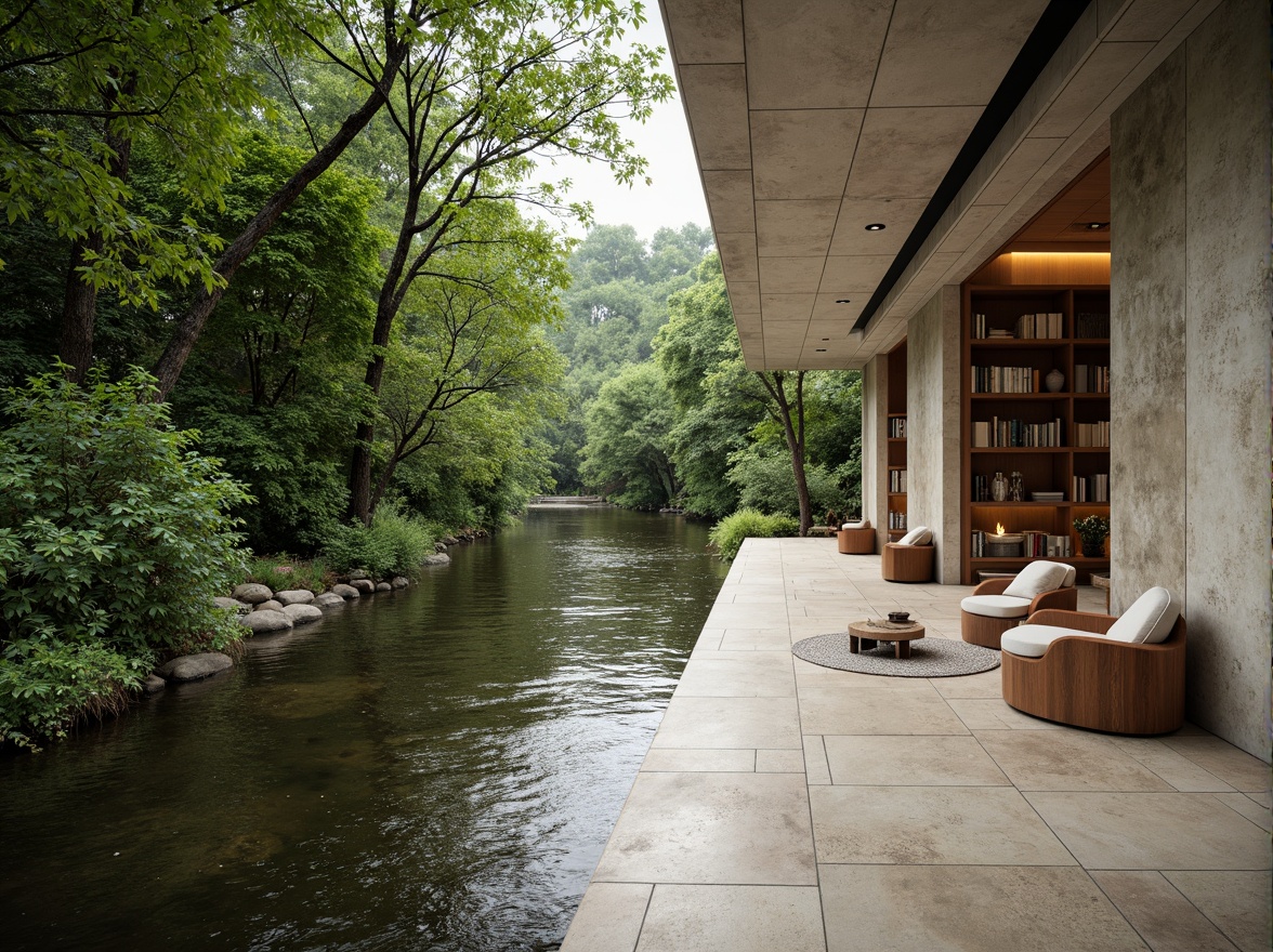 Prompt: Riverbank scenery, calm water flow, lush green vegetation, weathered limestone walls, minimalist architecture, clean lines, neutral color palette, natural stone floors, wooden accents, floor-to-ceiling windows, sliding glass doors, cozy reading nooks, built-in shelving units, hidden lighting systems, soft warm glow, shallow depth of field, 2/3 composition, atmospheric perspective, realistic textures, subtle ambient occlusion.