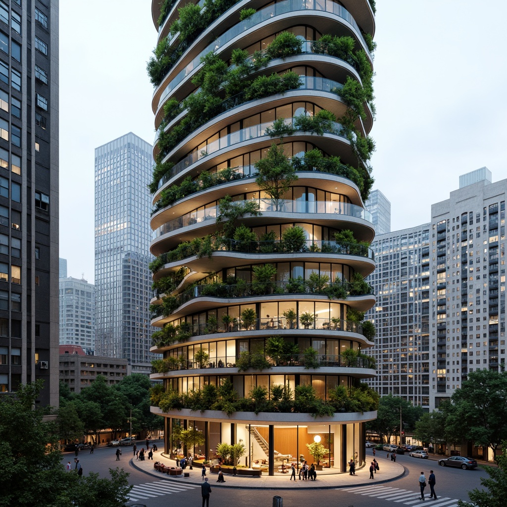 Prompt: Curved skyscraper, organic forms, natural stone fa\u00e7ade, lush green walls, verdant rooftop gardens, floor-to-ceiling windows, minimal artificial lighting, soft diffused daylight, warm ambient glow, 1/1 composition, shallow depth of field, realistic textures, ambient occlusion, urban cityscape, busy streets, modern metropolitan life, sustainable building design, eco-friendly materials, renewable energy systems, natural ventilation systems, spacious open-plan interiors, minimalist d\u00e9cor, sleek wooden floors, comfortable seating areas.