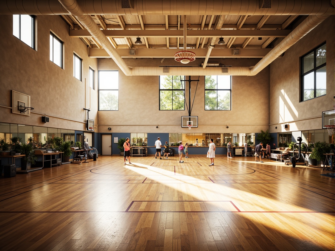 Prompt: Vibrant gymnasium interior, natural light pouring in, high ceilings, exposed ductwork, polished wooden floors, athletic equipment, basketball hoops, volleyball nets, treadmills, free weights, mirrored walls, large windows, clerestory windows, skylights, indirect sunlight, soft warm lighting, 1/1 composition, shallow depth of field, realistic textures, ambient occlusion.