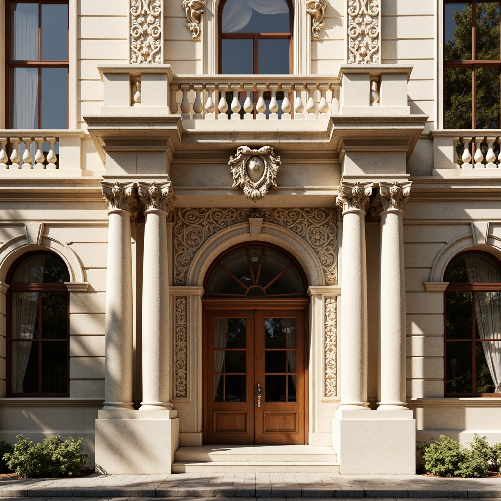 Prompt: Ornate neoclassical facade, grand entrance, imposing columns, carved stone details, symmetrical composition, ornamental balustrades, decorative cornices, rusticated base, arched windows, classical pediments, intricately patterned stonework, subtle texture variation, warm beige color palette, soft natural lighting, shallow depth of field, 2/3 composition, realistic material rendering, ambient occlusion.