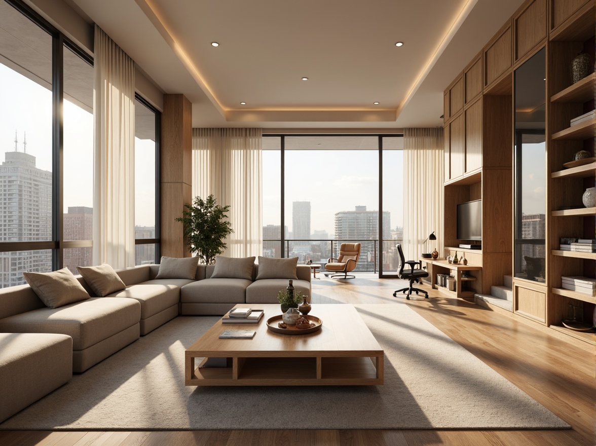 Prompt: Minimalist living room, sleek furniture, soft cushioning, warm beige tones, natural wood accents, floor-to-ceiling windows, sliding glass doors, urban cityscape views, morning sunlight, cozy reading nook, built-in shelving units, hidden storage compartments, functional workspace, ergonomic office chairs, task lighting, modular kitchen islands, high-gloss countertops, pendant light fixtures, open-plan layout, airy atmosphere, soft warm lighting, shallow depth of field, 2/3 composition, realistic textures.