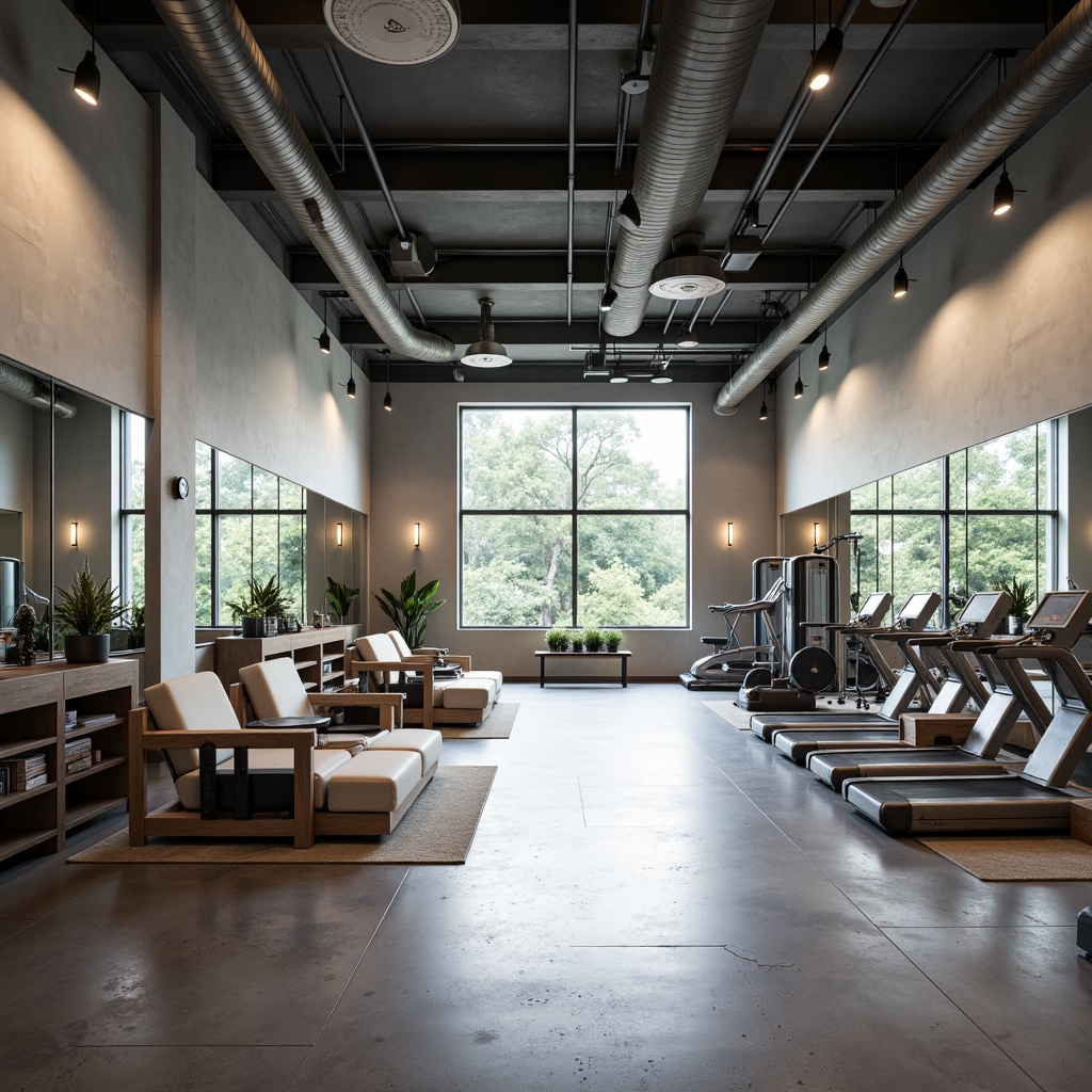 Prompt: Minimalist fitness club interior, industrial chic decor, polished concrete floors, sleek metal equipment, mirrored walls, floor-to-ceiling windows, natural light pouring in, neutral color palette, monochromatic tones, Scandinavian-inspired furniture, low-profile seating areas, compact storage spaces, LED lighting systems, dimmable ambient lights, 1/1 composition, shallow depth of field, realistic textures, soft focus, modern architectural details.