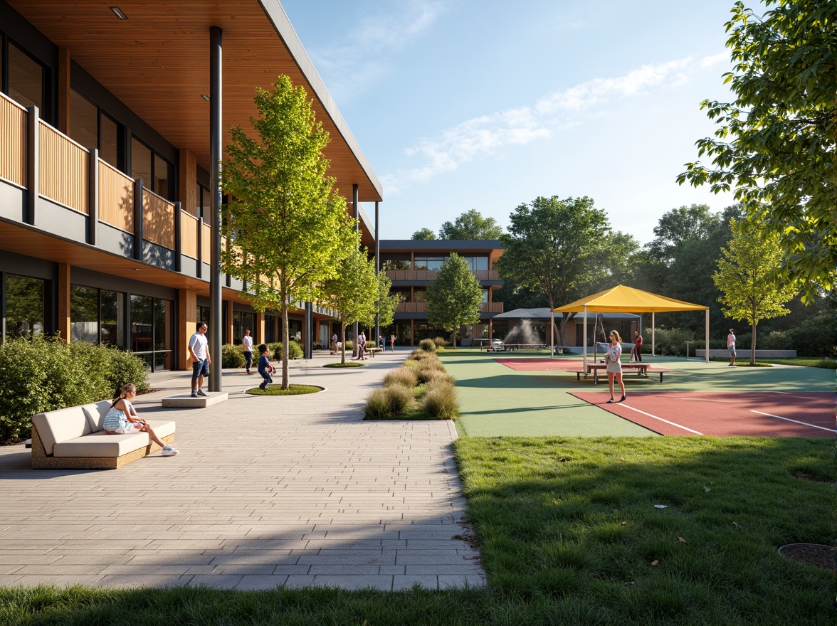 Prompt: Vibrant gymnasium courtyard, lush greenery, natural stone flooring, wooden accents, modern architectural design, large windows, sliding glass doors, outdoor fitness areas, athletic tracks, sports equipment, basketball courts, tennis courts, soccer fields, shaded seating areas, misting systems, warm sunny day, soft natural lighting, shallow depth of field, 3/4 composition, panoramic view, realistic textures, ambient occlusion.Please let me know if this meets your requirements!