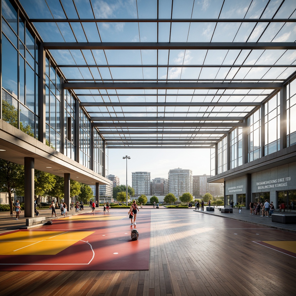 Prompt: Modern gymnasium interior, translucent roof panels, natural diffused lighting, polished wooden floors, sleek metal beams, minimalist design, vibrant athletic colors, dynamic sports equipment, basketball hoops, tennis courts, indoor running tracks, motivational quotes, large windows, panoramic views, surrounding urban landscape, soft warm illumination, shallow depth of field, 1/2 composition, realistic textures, ambient occlusion.