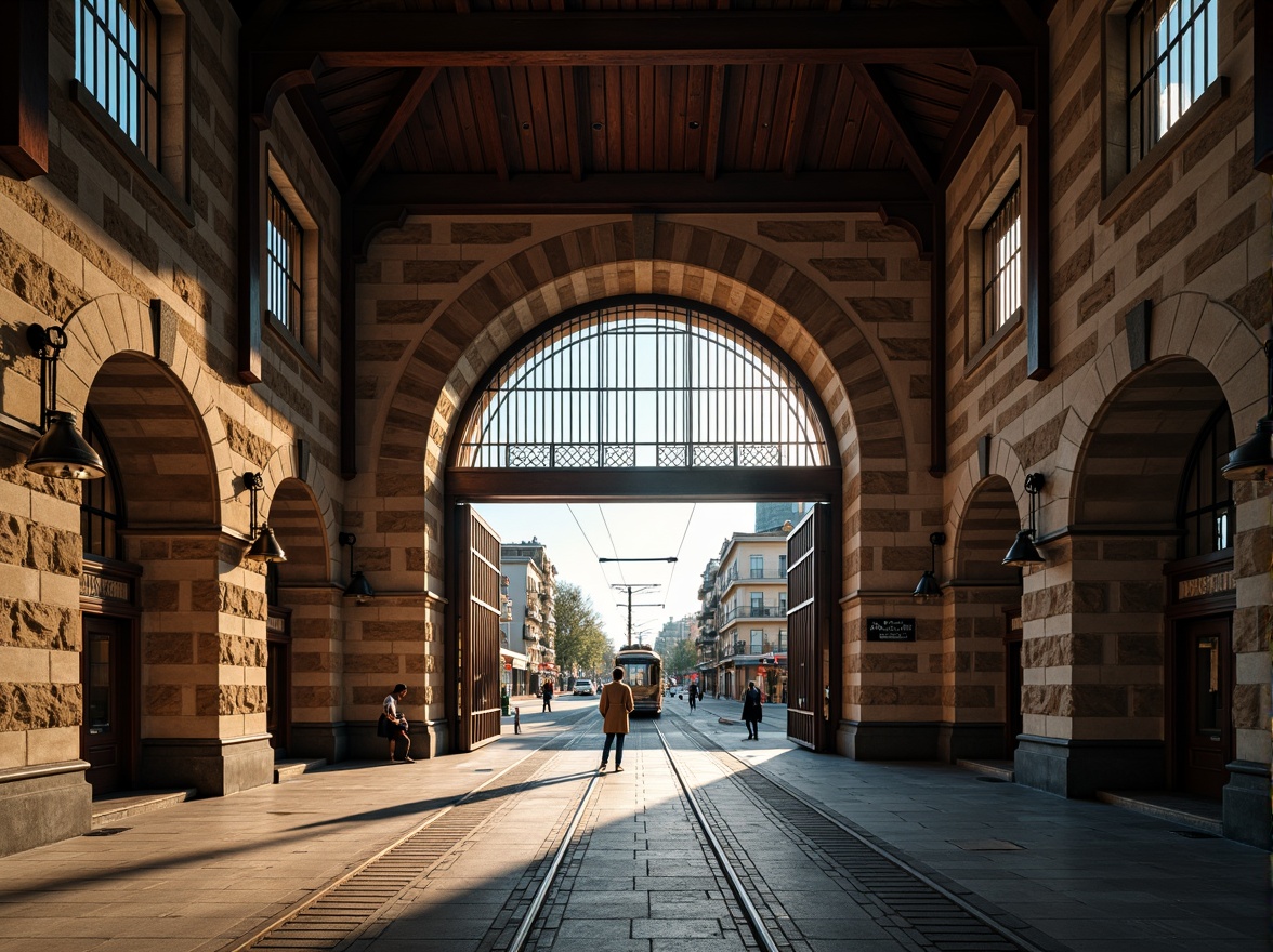 Prompt: \Tram station building, rugged stone walls, arches, vaulted ceilings, ornate metal gates, grand entrance halls, high ceilings, industrial lighting fixtures, urban cityscape background, busy street scene, modern tram tracks, sleek tram design, afternoon sun casting long shadows, soft warm light, shallow depth of field, 1/2 composition, realistic textures, ambient occlusion.\