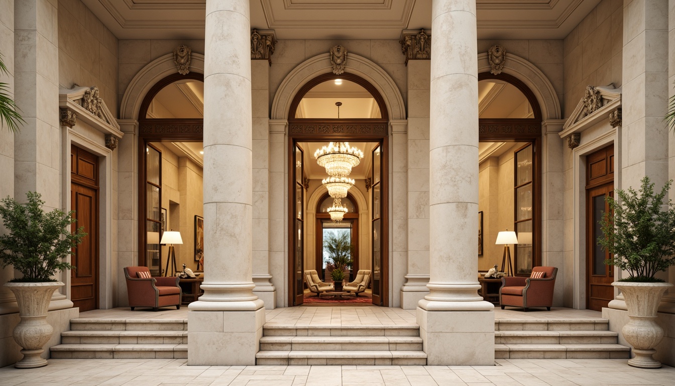 Prompt: Grand neoclassical office building, symmetrical facade, ornate details, Corinthian columns, carved stone walls, classical pediments, elegant arches, bronze door handles, polished marble floors, high ceilings, chandeliers, luxurious furnishings, warm beige tones, soft diffused lighting, shallow depth of field, 1/2 composition, realistic textures, ambient occlusion.