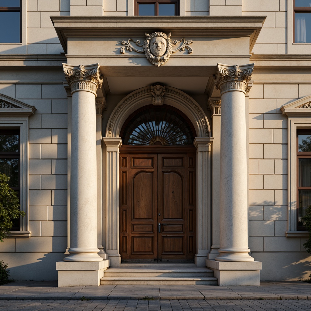 Prompt: Elegant neoclassical facade, ornate architraves, decorative moldings, fluted columns, carved capitals, symmetrical composition, grand entrance, imposing doorway, intricate stone carvings, classical pediments, ornamental friezes, refined stucco surfaces, subtle color palette, soft warm lighting, shallow depth of field, 2/3 composition, realistic textures, ambient occlusion.