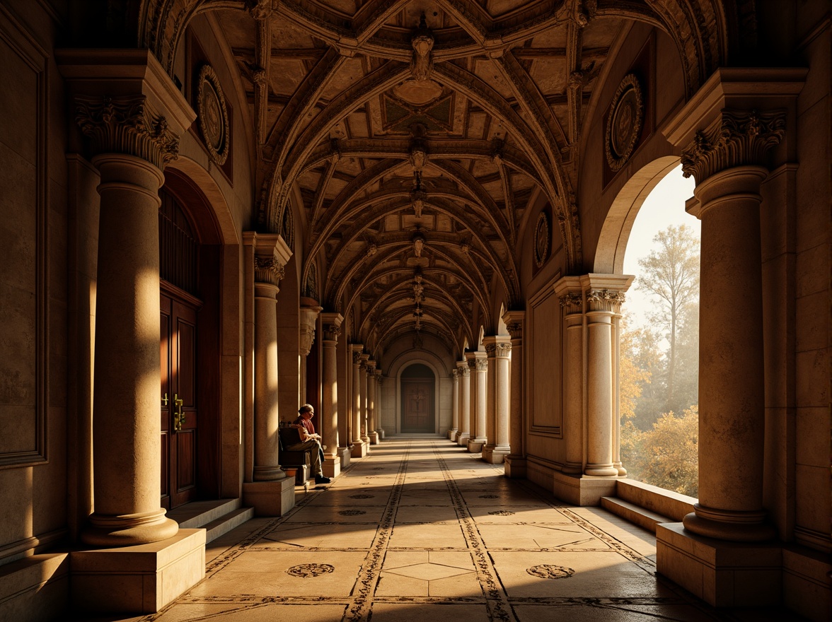 Prompt: Intricate archways, ornate carvings, grandiose entranceways, vaulted ceilings, majestic columns, ornamental capitals, richly textured stonework, warm golden lighting, mysterious ambiance, high contrast shadows, 1/1 composition, dramatic focal points, realistic stone textures, ambient occlusion.