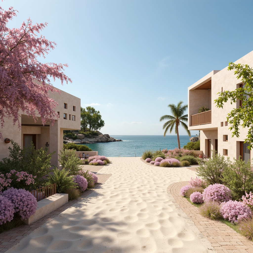 Prompt: Soft wisteria flowers, pastel blue ocean waves, sandy dunes, beachside promenade, modern coastal architecture, light beige stucco buildings, driftwood accents, nautical ropes, seashell decorations, calming color palette, soft peach hues, misty blues, creamy whites, warm golden sands, shallow depth of field, 1/2 composition, natural textures, subtle gradient mapping, sunny day, gentle sea breeze.