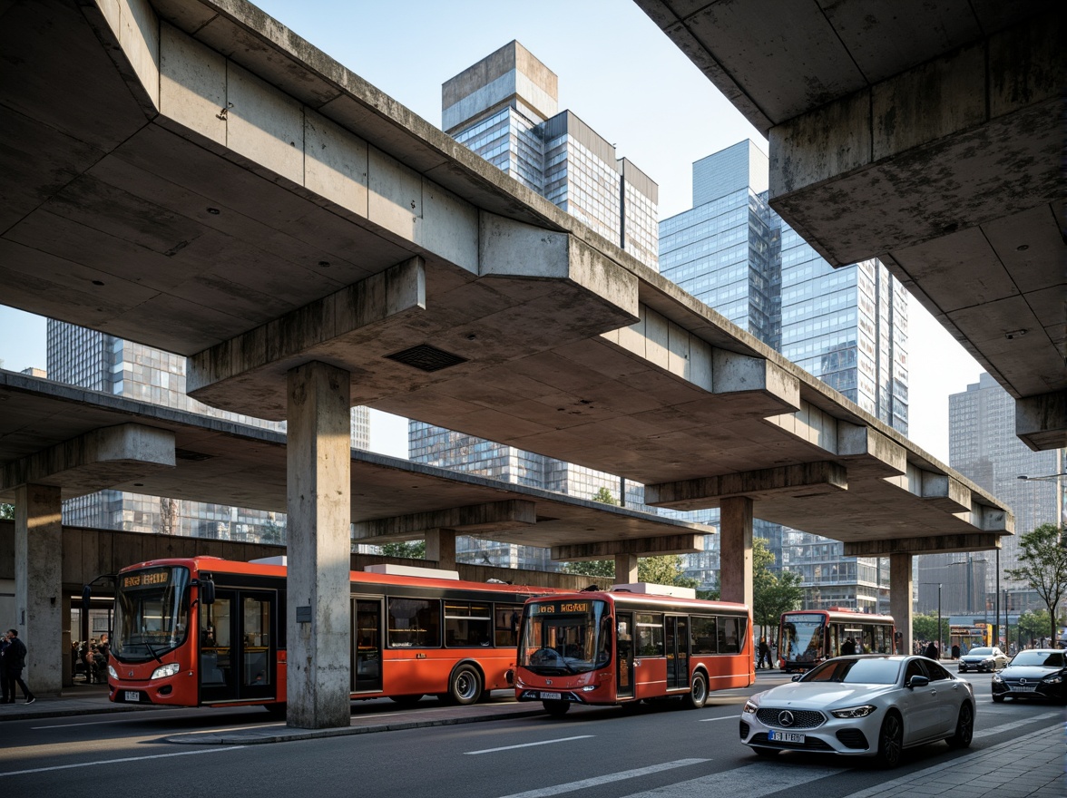 Prompt: Rugged bus station, brutalist architecture, exposed concrete structures, angular geometric shapes, raw industrial materials, steel beams, reinforced columns, cantilevered roofs, monumental scale, urban cityscape, busy streets, morning rush hour, soft natural light, high contrast shadows, dramatic lighting, 1/1 composition, low-angle shot, realistic textures, ambient occlusion.