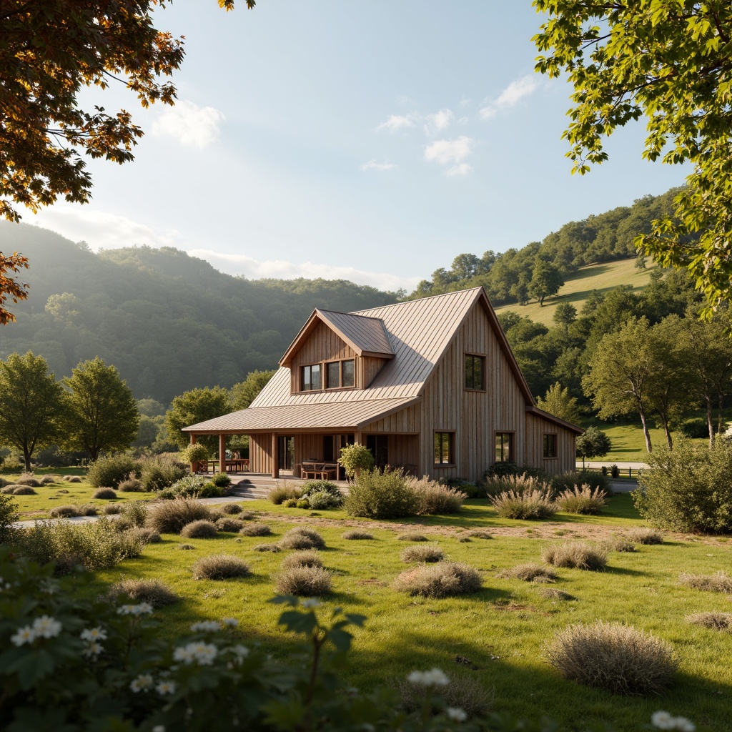 Prompt: Rustic farmhouse, wooden fences, lush green meadows, rolling hills, serene countryside, warm beige walls, earthy brown roofs, soft pastel colors, natural textures, organic patterns, vintage metal accents, distressed wood finishes, soft golden lighting, shallow depth of field, 2/3 composition, intimate close-up shots, realistic weathering effects.