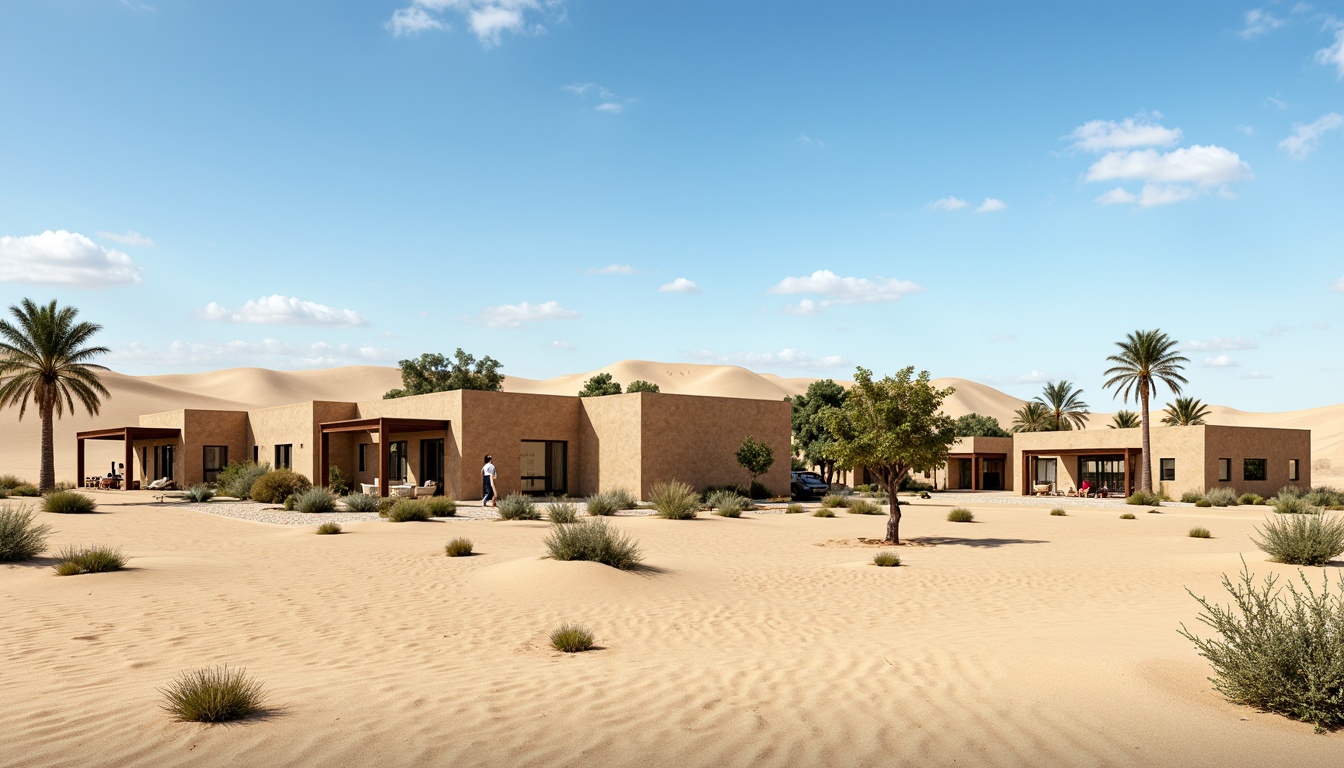 Prompt: Desert landscape, sandy dunes, cactus plants, hot sunny day, clear blue sky, vast open space, modern desert architecture, eco-friendly buildings, rammed earth walls, recycled metal frames, low-carbon concrete, solar panels, wind turbines, water harvesting systems, green roofs, living walls, shaded outdoor spaces, misting systems, Arabic-inspired patterns, vibrant colorful textiles, intricate geometric motifs, natural ventilation, passive cooling design, organic forms, earthy tones, minimalist decor.