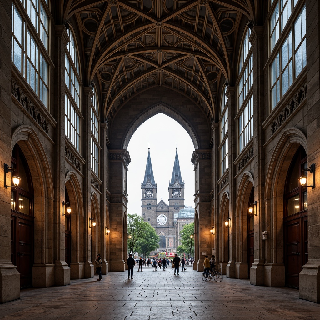 Prompt: Intricate stone carvings, pointed arches, ribbed vaults, flying buttresses, grand entrance halls, ornate wooden doors, stained glass windows, dramatic verticality, richly textured walls, majestic clock towers, sprawling cityscape, overcast skies, warm diffused lighting, 1/2 composition, symmetrical framing, high-contrast rendering, detailed normal maps.