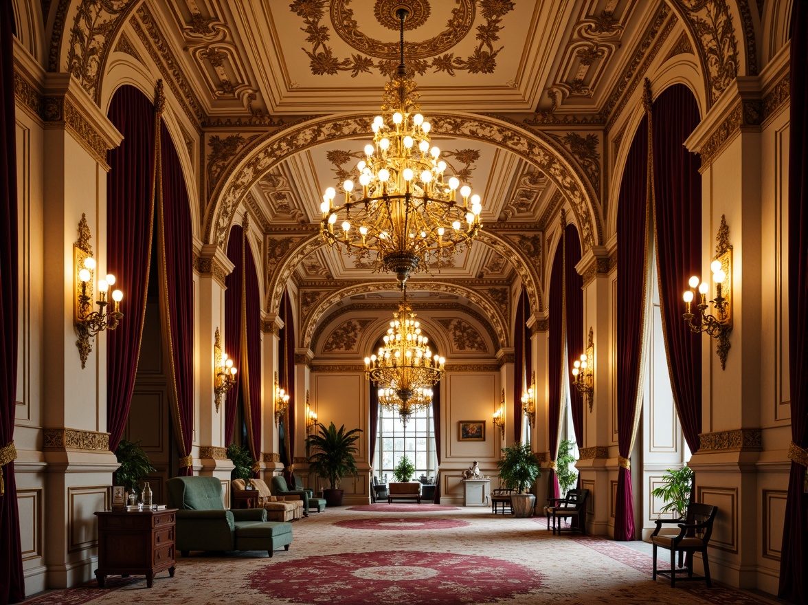 Prompt: Intricate ornate plaster ceilings, grandiose chandeliers, lavish decorative moldings, Baroque-inspired designs, opulent gold leaf details, luxurious velvet drapes, richly patterned rugs, stately columns, sweeping archways, delicate filigree accents, warm soft lighting, shallow depth of field, 1/2 composition, realistic textures, ambient occlusion.