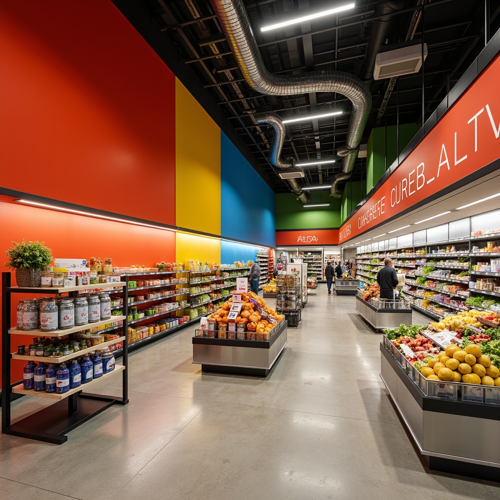 Prompt: Vibrant grocery store interior, primary color scheme, bold geometric shapes, industrial materials, exposed ductwork, functional shelving units, minimalist decorative elements, stainless steel countertops, concrete flooring, modernist typography, rectangular signage, monochromatic product displays, warm white lighting, high-contrast shadows, 1/2 composition, symmetrical framing, architectural photography, realistic reflections, subtle texture overlays.