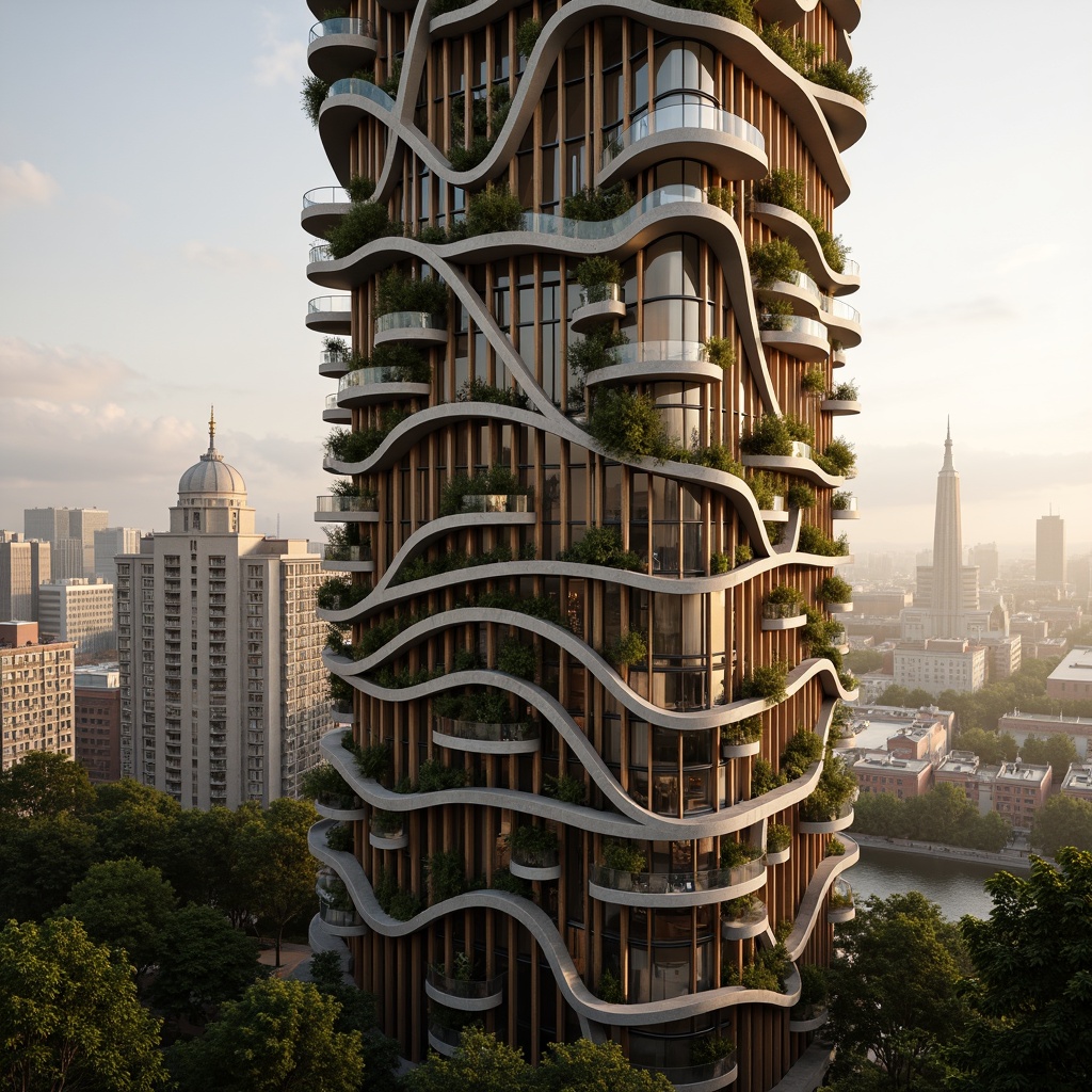 Prompt: Curved skyscraper facade, organic shapes, flowing lines, natural materials, reclaimed wood, living walls, green roofs, cantilevered floors, asymmetrical design, futuristic architecture, urban jungle, cityscape views, misty morning light, warm golden hour, shallow depth of field, 1/1 composition, dramatic shadows, high-contrast textures, ambient occlusion.