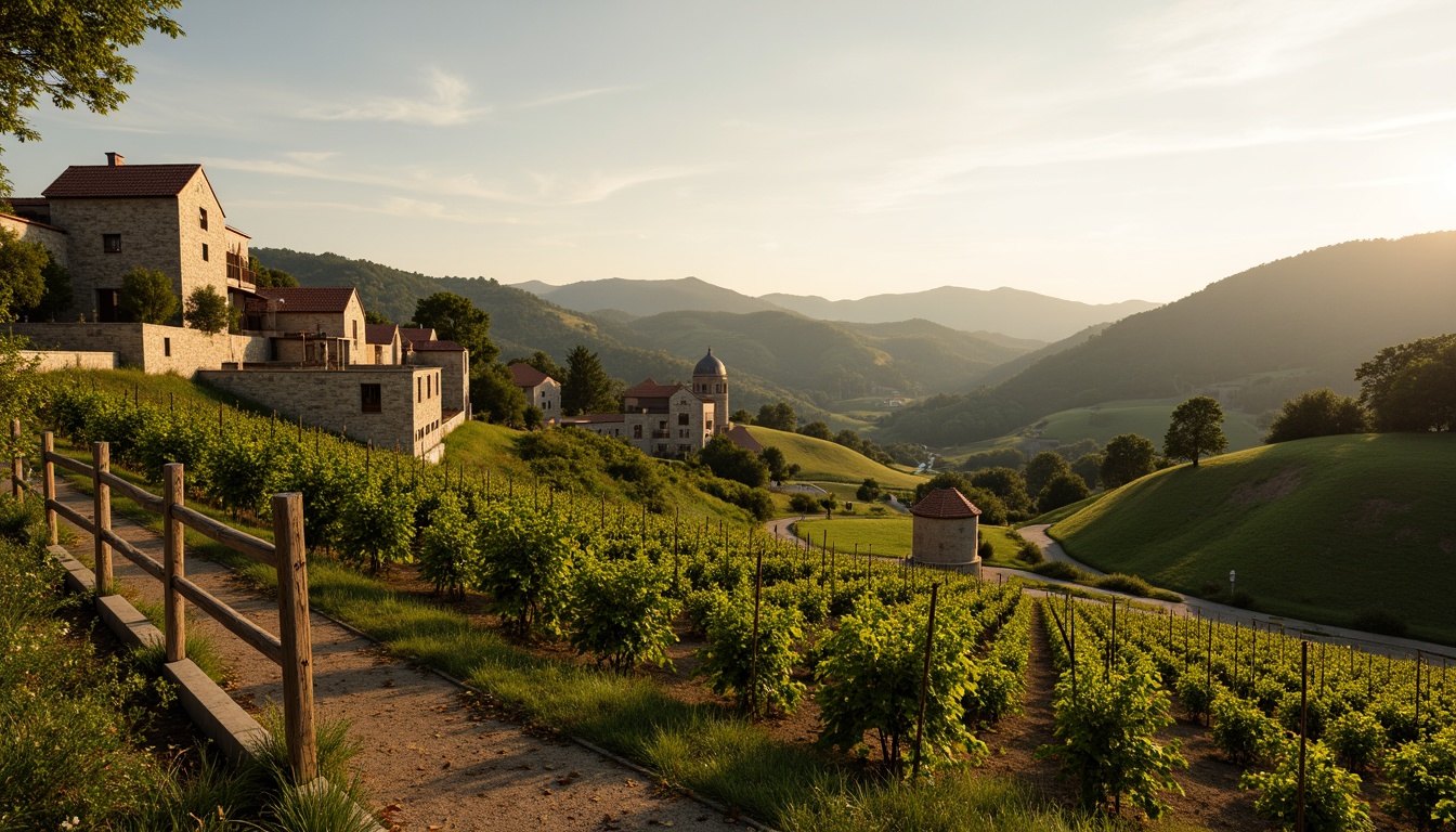 Prompt: Vineyard scenery, rolling hills, lush green vines, rustic wooden fences, stone walls, medieval-inspired winery architecture, earthy tones, natural materials, blending into surroundings, organic curves, harmonious integration, soft warm lighting, golden hour, shallow depth of field, 2/3 composition, panoramic view, realistic textures, ambient occlusion.