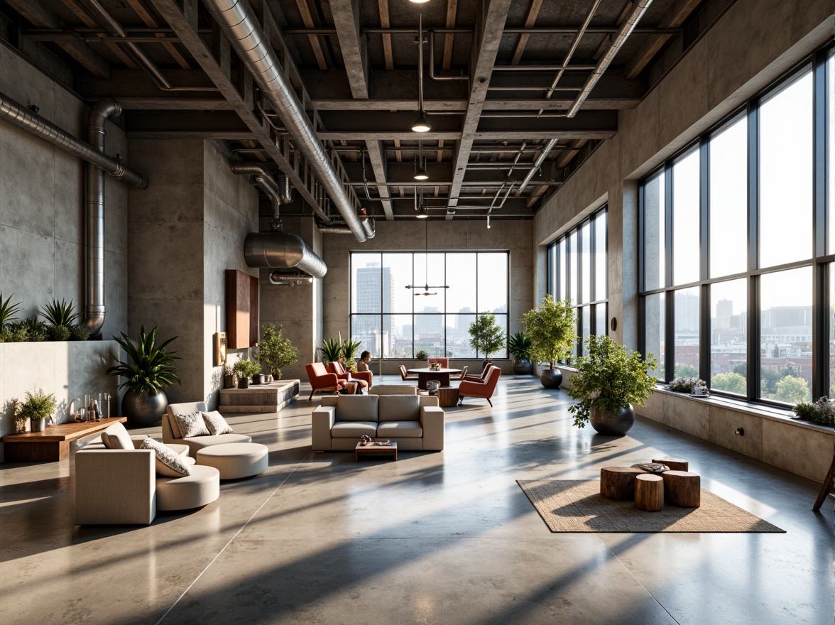 Prompt: Exposed steel beams, polished concrete floors, industrial chic aesthetic, modern urban loft, high ceilings, large windows, natural light pouring in, minimalist decor, sleek lines, geometric shapes, metal accents, reclaimed wood features, visible ductwork, functional pipes, urban landscape views, city skyline, sunny day, soft warm lighting, shallow depth of field, 3/4 composition, realistic textures, ambient occlusion.