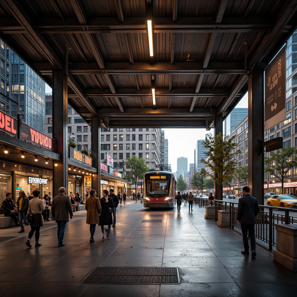 Prompt: Industrial tram station, exposed steel beams, polished concrete floors, metallic accents, futuristic lighting fixtures, neon signs, abstract geometric patterns, brutalist architecture, urban cityscape, busy streets, morning rush hour, soft warm lighting, shallow depth of field, 3/4 composition, realistic textures, ambient occlusion.