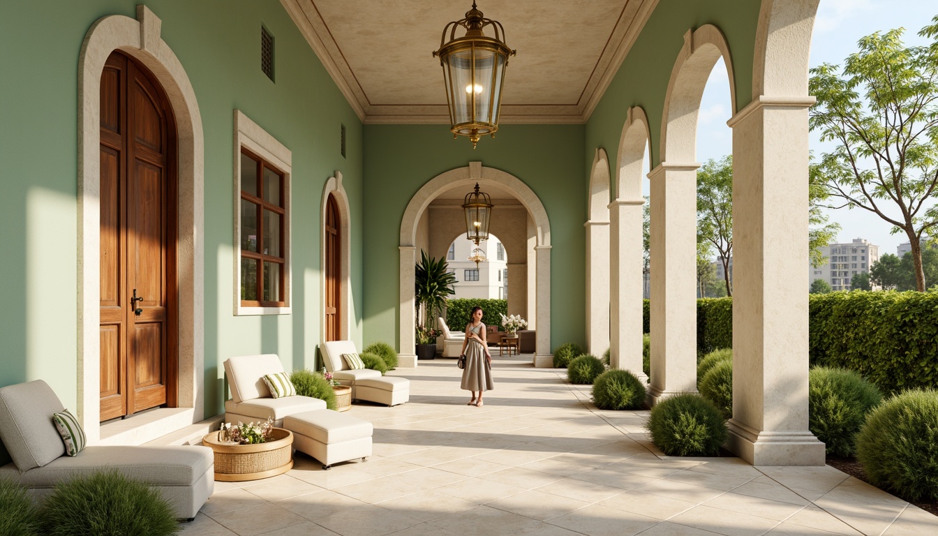 Prompt: Soft mint walls, warm beige accents, creamy white columns, ornate gold details, lush greenery, natural stone floors, elegant archways, refined lanterns, subtle cream textures, gentle warm lighting, shallow depth of field, 1/1 composition, realistic rendering, ambient occlusion.