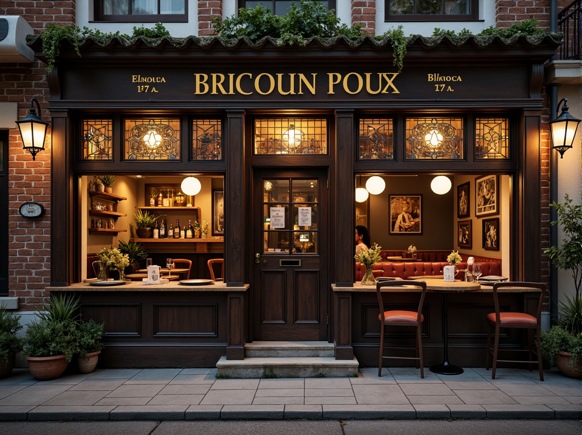 Prompt: Rustic pub exterior, weathered wooden fa\u00e7ade, distressed brick walls, ornate metalwork, vintage signage, lantern-style lighting, moss-covered roof tiles, natural stone foundations, earthy color palette, warm ambient lighting, shallow depth of field, 1/1 composition, realistic textures, ambient occlusion, cozy interior atmosphere, wooden bar tops, stained glass windows, plush upholstery, rich wood tones, dimly lit corners, intimate seating areas.